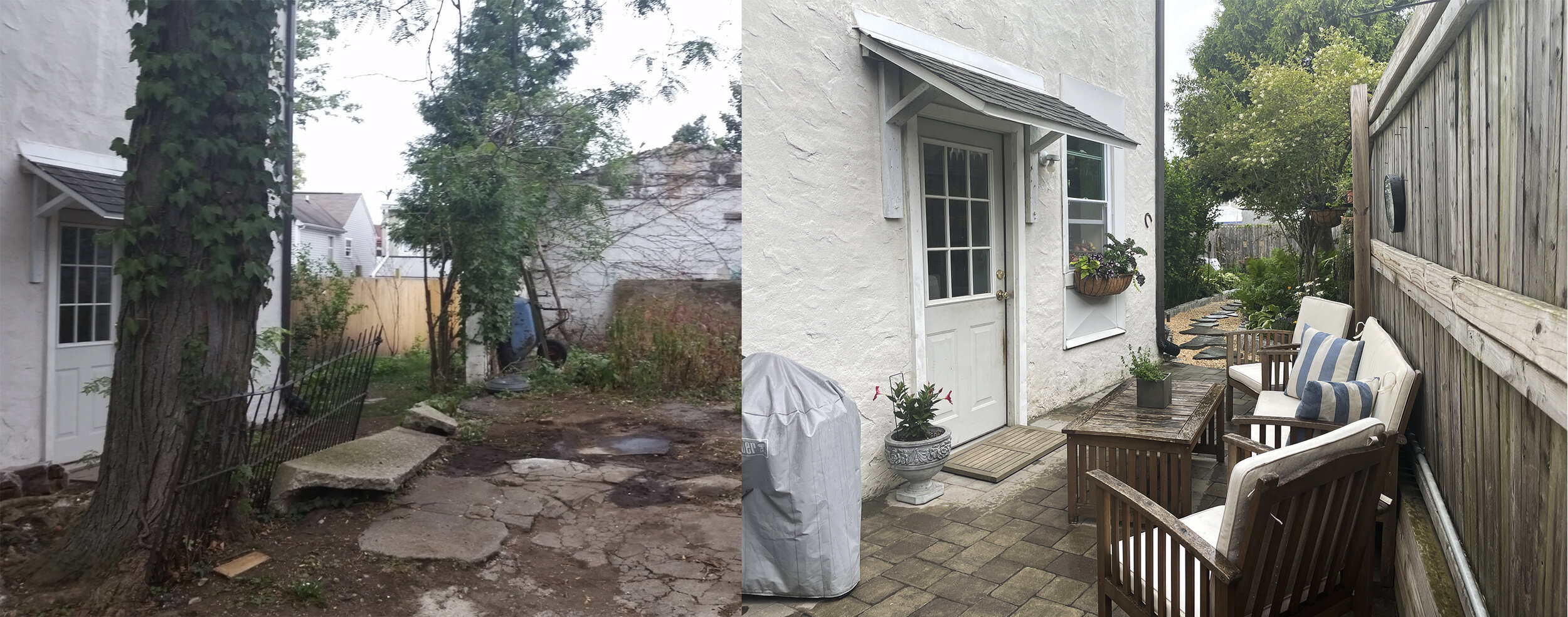 BEFORE: we had this terrible tree growing into an old iron fence, no fencing at all for privacy and no patio! But you can see the door is the same. AFTER: Patio, fence, pretty place to sit, grill out, and becomes an extra room in the summer!